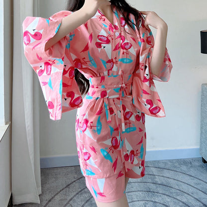 Cotton Flamingo Print Kimono Pajamas Set