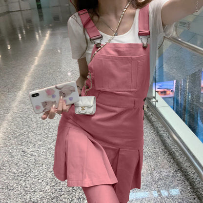 Sweet Irregular Shirt Pink Suspender Skirt