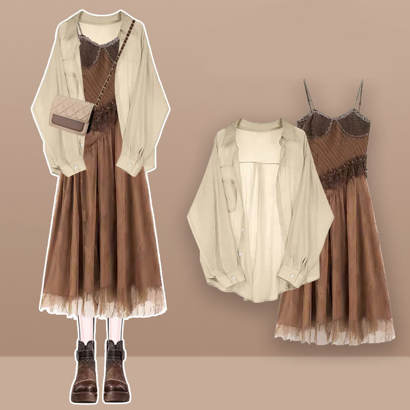 Vintage Hollow Coverup Backless Suspender Dress Brown Cardigan