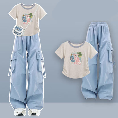 Cartoon Print Casual T-Shirt Blue Cargo Pants