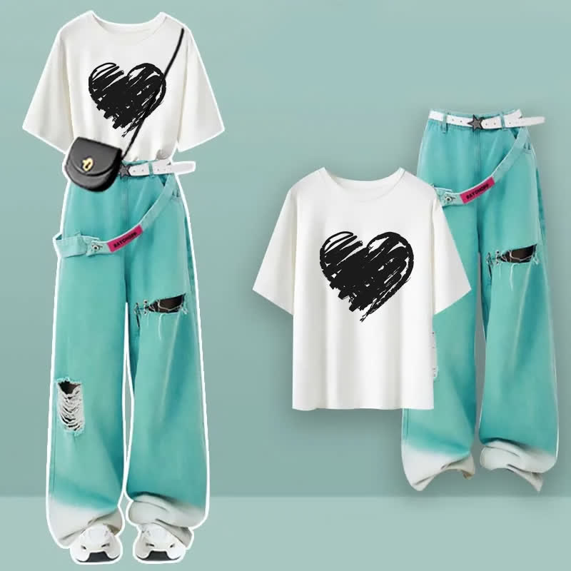 Cartoon Print Casual T-shirt Green Ripped Pants