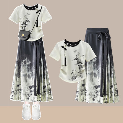 Vintage Bamboo Print Tassels T-Shirt Pleated Skirt