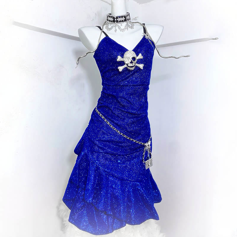 Sparkles Skull Decor Mermaid Fishtail Slip Blue Dress