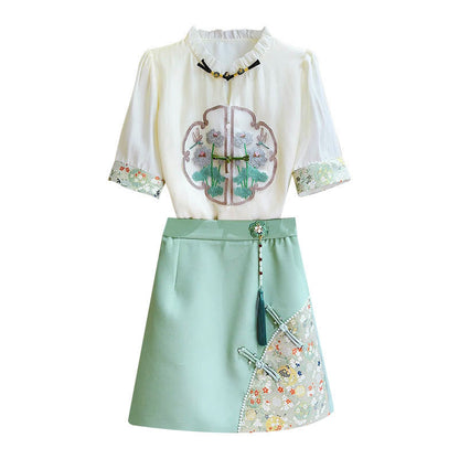 Vintage Embroidery Shirt Flower Skirt Set