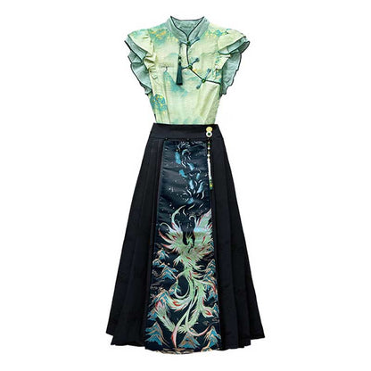 High Waist Phoenix Print Long Skirt Set