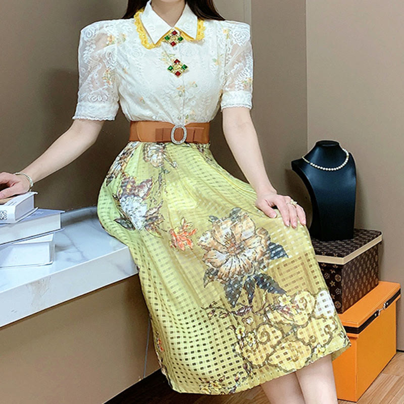 Lace Lapel Shirt Floral Embroidery Skirt Set