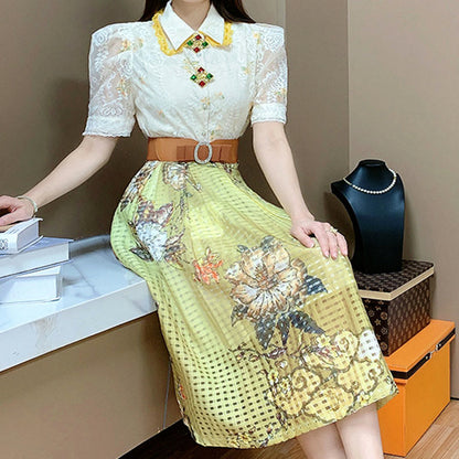 Sweet Lace Lapel Shirt Floral Embroidery Skirt Set