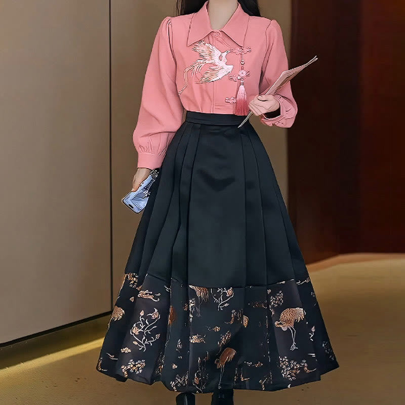 Pink Crane Embroidery Shirt High Waist Skirt Set