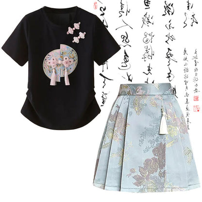 Sweet Print T-Shirt High Waist Pleated Skirt