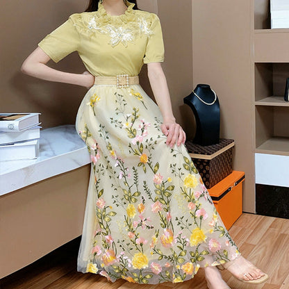 Flower Decor Shirt Embroidery Mesh Skirt Set