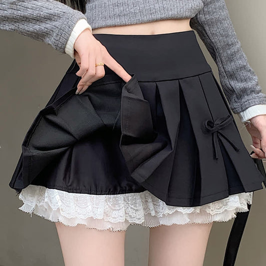 Bow Lace Slim High Waist Pleated Skirt