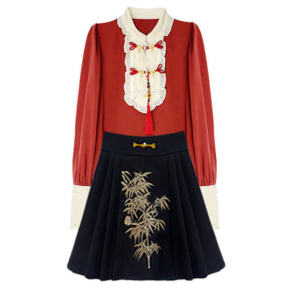 Red Tassel Shirt Bamboo Print Skirt Set