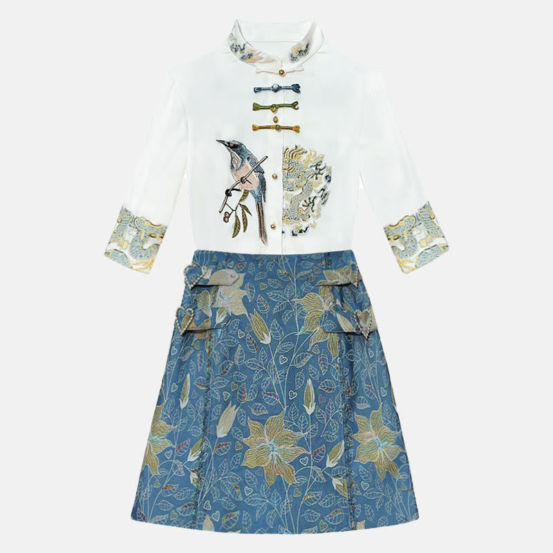 Bird Shirt Blossom Print Skirt Set