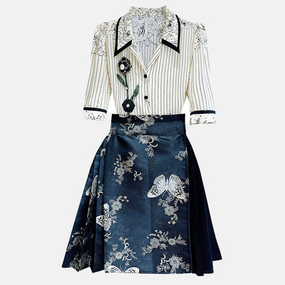 Flower Stripe Shirt Butterfly Print Skirt Set