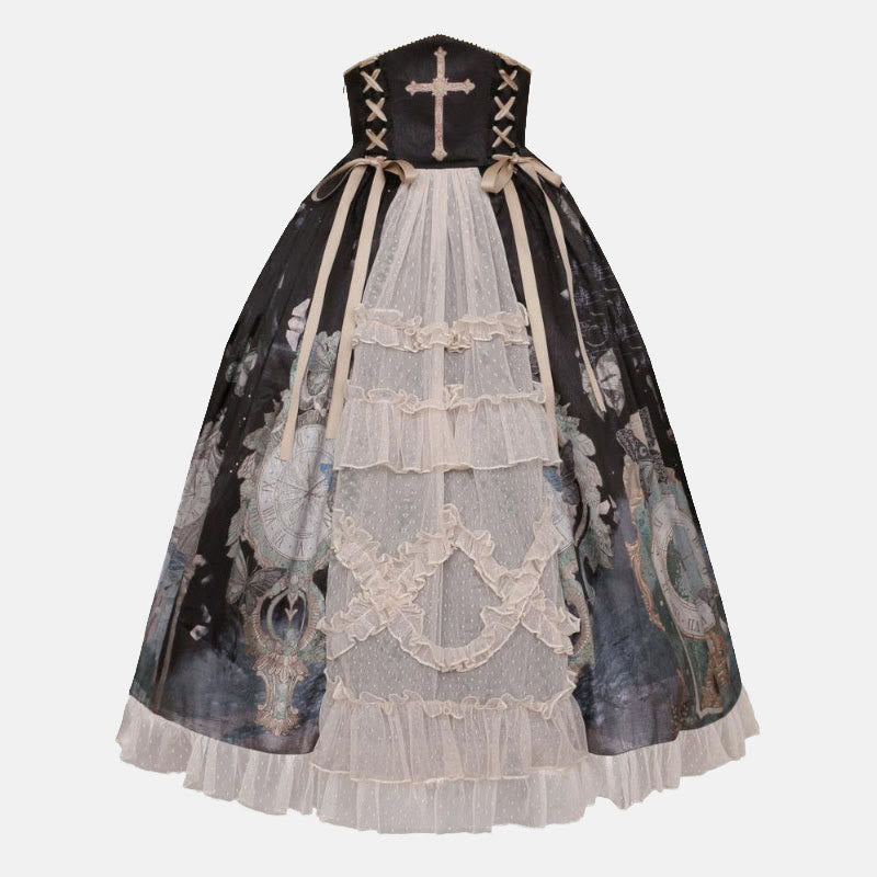 Lolita Elegant Bowknot Lace Shirt Clock Print High Waist Skirt