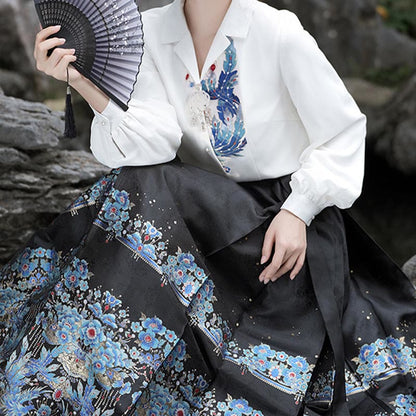 Plumage Embroidery Shirt High Waist Flower Print Skirt