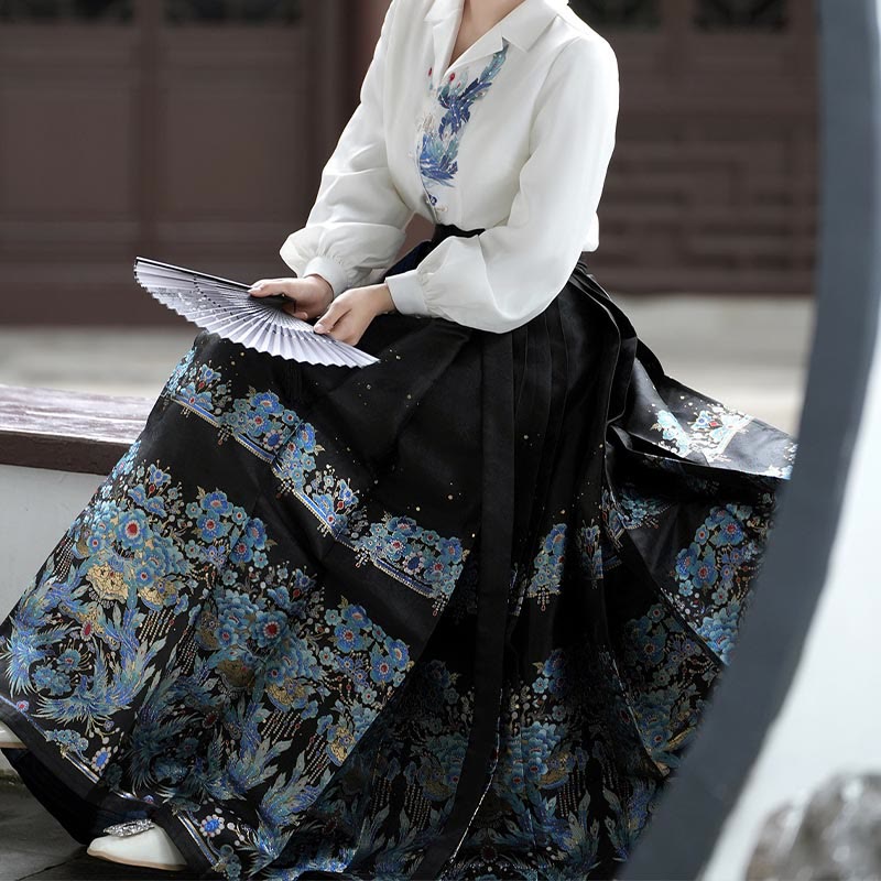 Plumage Embroidery Shirt High Waist Flower Print Skirt