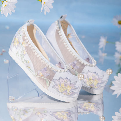 White Floral Embroidery Pearl Decor Mesh Shoes