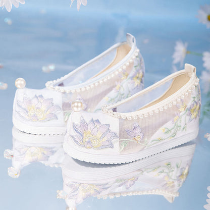 White Floral Embroidery Pearl Decor Mesh Shoes