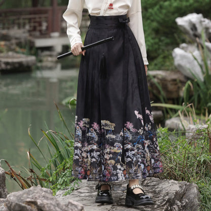 V-neck Shirt Vintage Print Pleated Skirt