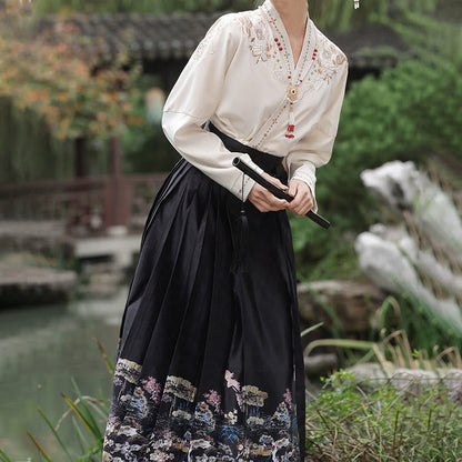 Elegant V-neck Long Sleeve Shirt Vintage Print Pleated Skirt