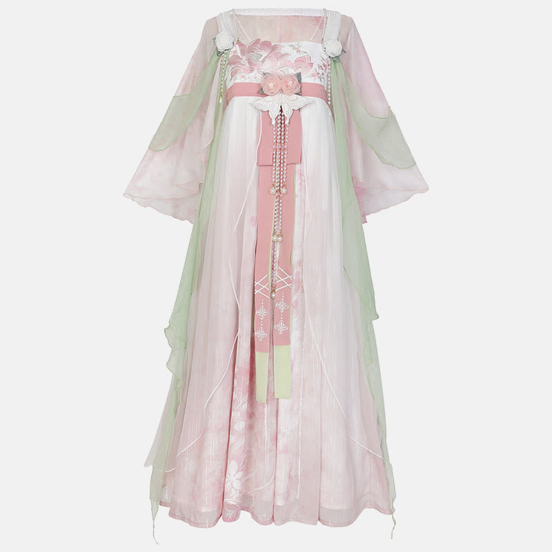 Sweet Floral Decor Mesh Dress Hanfu Costume