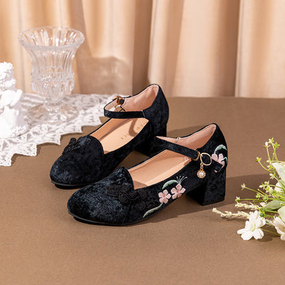 Retro Floral Embroidery Toe High Heel Shoes