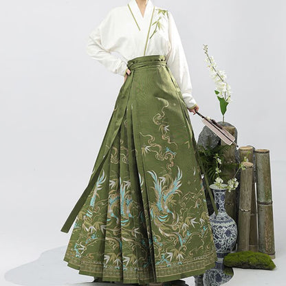 Elegant V-neck Shirt Vintage Print Pleated Skirt