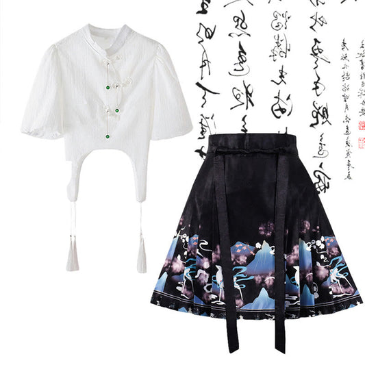 Elegant Buckle Tassel Shirt High Waist Pleated Skirt