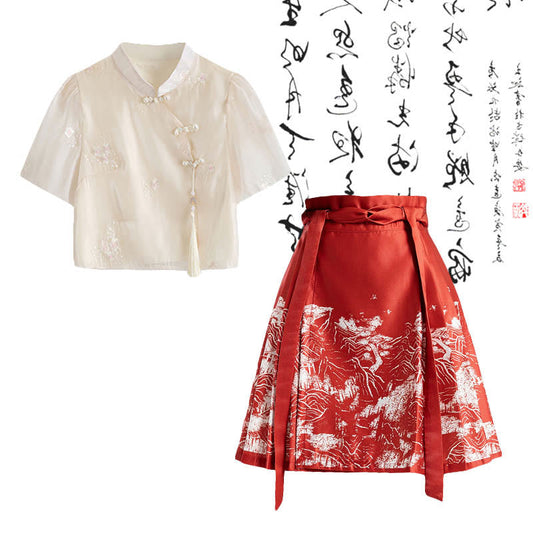 Vintage Buckle Tassel Embroidery Shirt High Waist Pleated Skirt