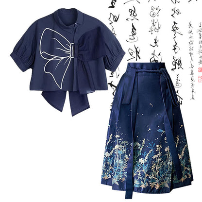 Blue Bow Print Print T-Shirt Vintage Pleated Skirt