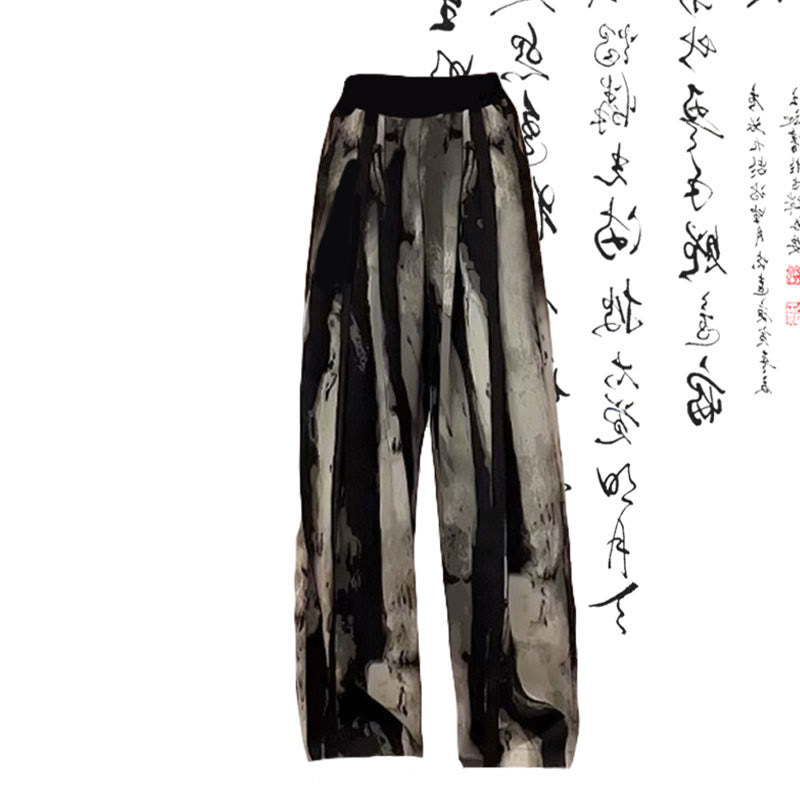 Vintage Black Bamboo Print Shirt Loose Casual Pants