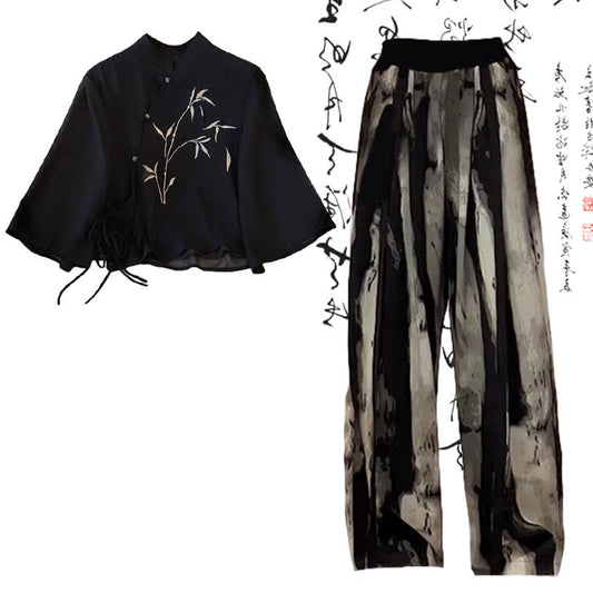 Vintage Black Bamboo Print Shirt Loose Casual Pants