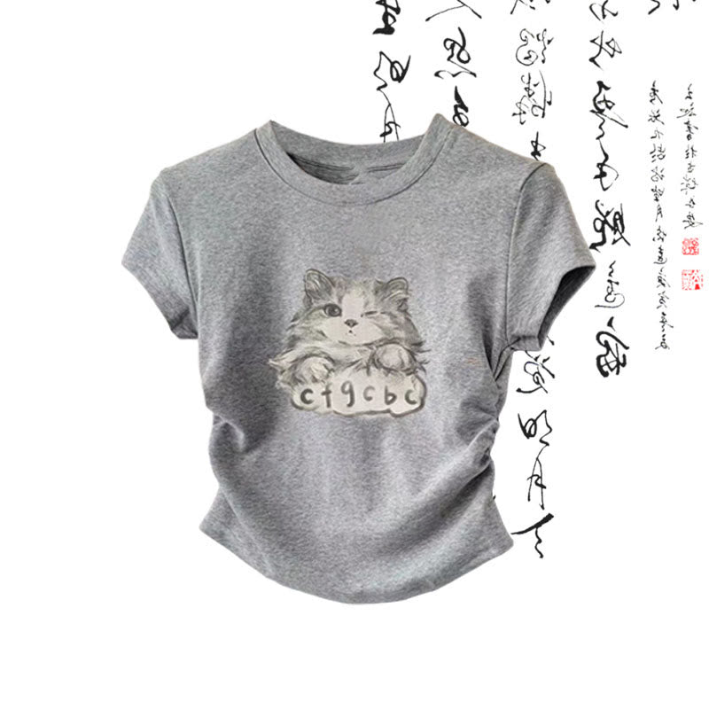 Cartoon Cat Print T-Shirt Wash Painting Print Loose Pants