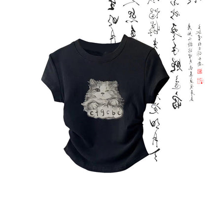 Cartoon Cat Print T-Shirt Wash Painting Print Loose Pants