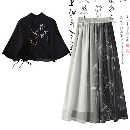 Black Buckle Bamboo Print Shirt High Waist Skirt