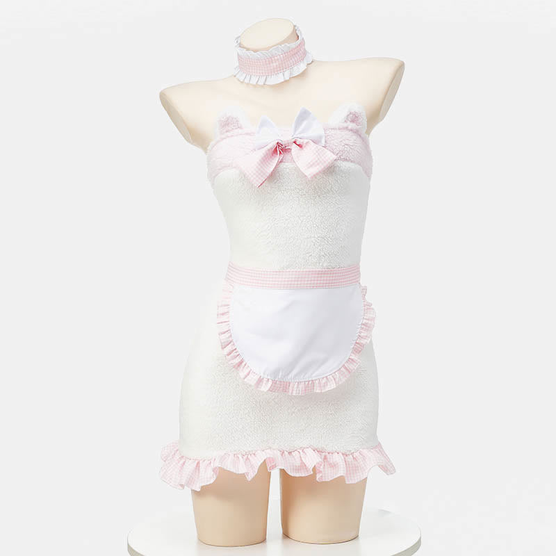 Pink Bow Knot Fuzzy Maid Apron Dress Lingerie