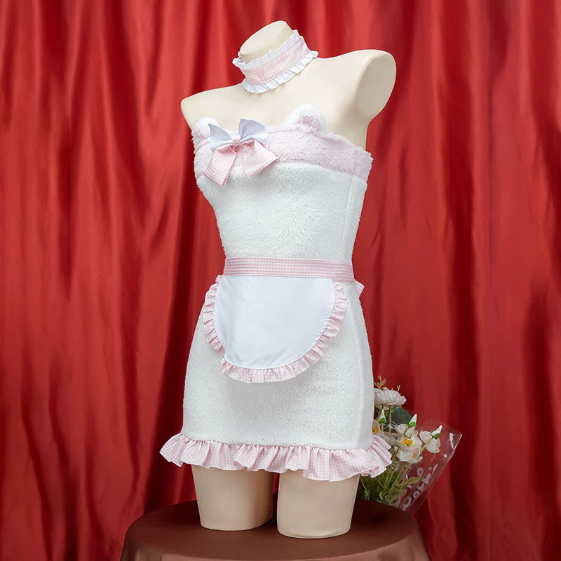 Pink Bow Knot Fuzzy Maid Apron Dress Lingerie