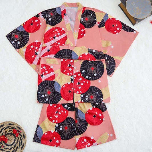 Red Cotton Vintage Print Cardigan Pajamas