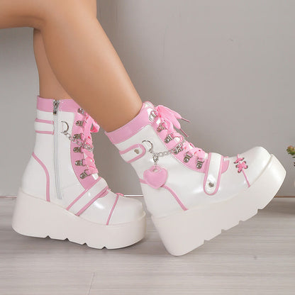 Y2K Heart Decor Lace Up Platform Lolita Martin Boots