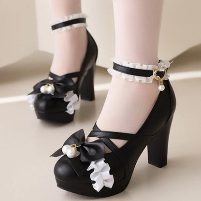 Sweet Bow Decor Lace Chunk Heel Sandals