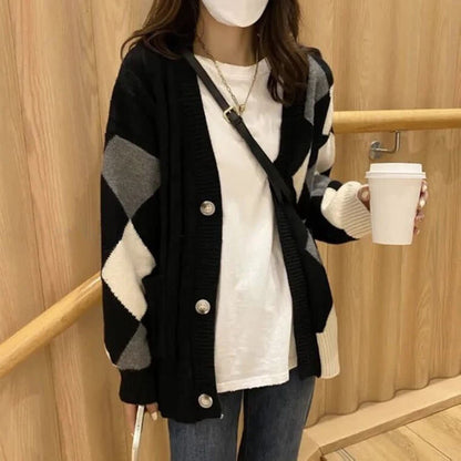 Rhombus Print Sweater Long Sleeve T-Shirt Casual Pants Set