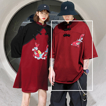 Red Fish Vintage Print Buckle T-Shirt Dress Skirt Set