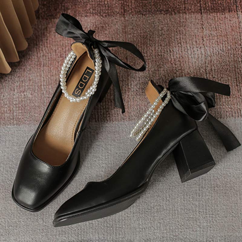 Elegant Pearl Bow High-heeled Shoes