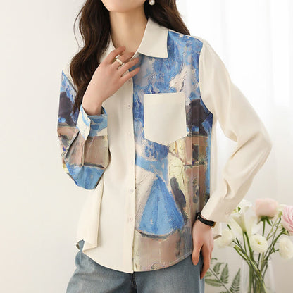 Irregular Printing Chiffon Pocket Lapel Shirt