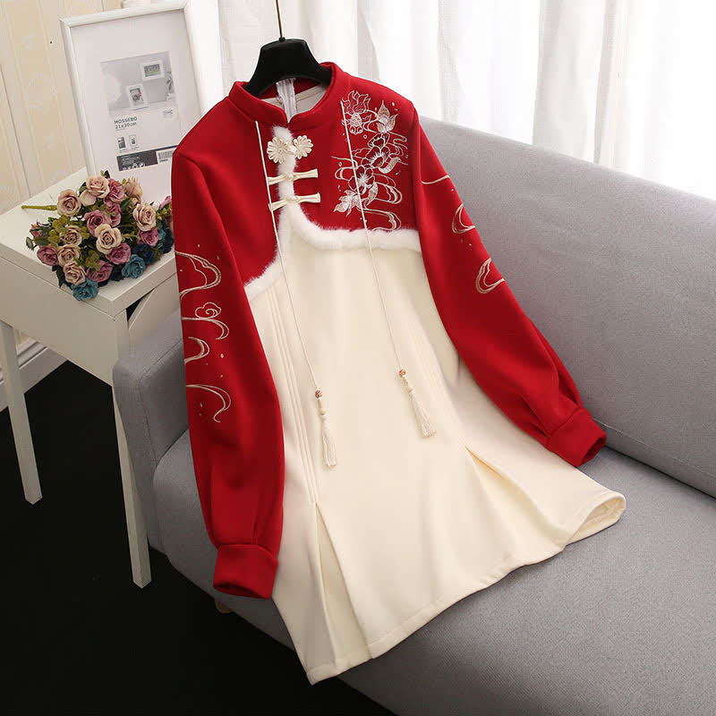 Vintage Flowers Embroidery Colorblock Plush Hooded Dress