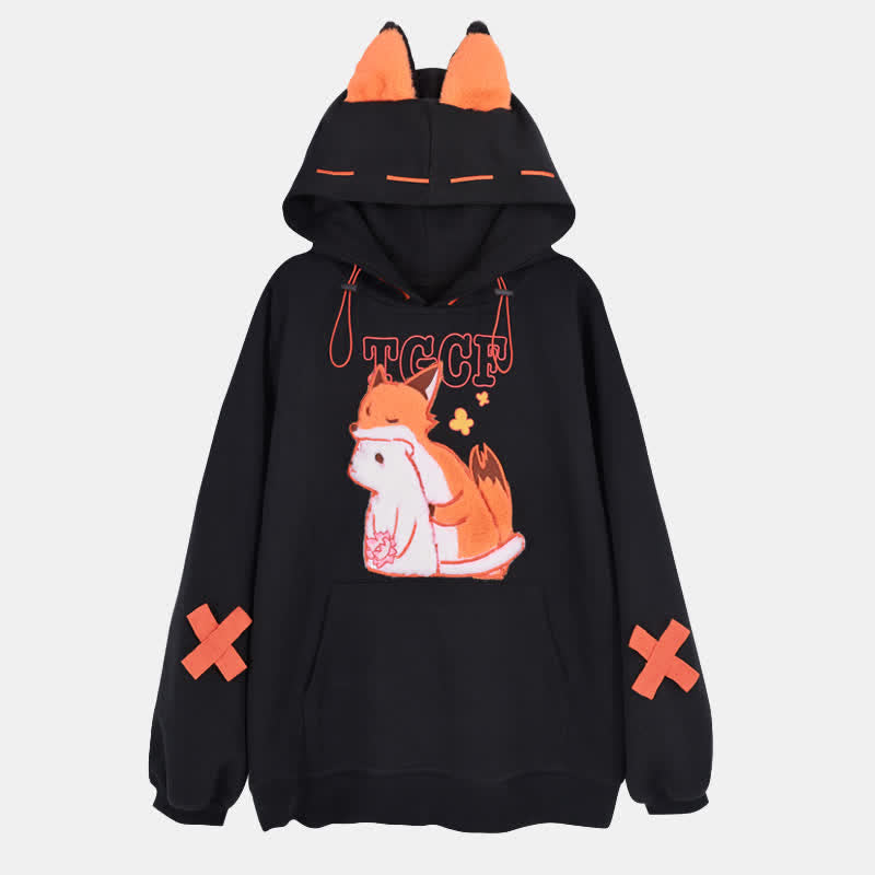 Fox Embroidery Pocket Loose Hoodie