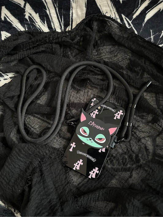 Gothic Green Mobile Black Strap and Clip Cat Pink Phone Back Crossbody With