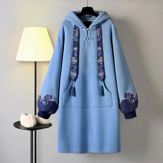 Blue Embroidery Loose Hoodie Vintage Sweatshirt Dress