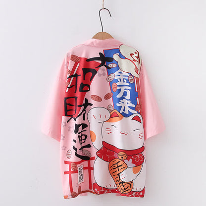 Cardigan imprimé lettre Lucky Cat Kimono Vêtements d'extérieur